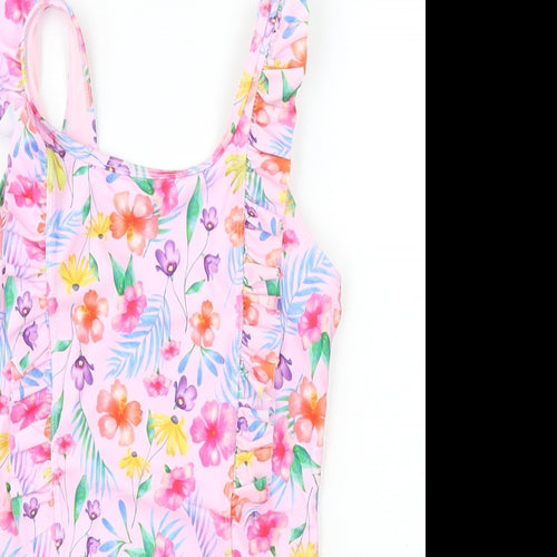 Preworn Girls Pink Floral Polyamide Basic T-Shirt Size 10-11 Years Round Neck Pullover - Swimming Costume