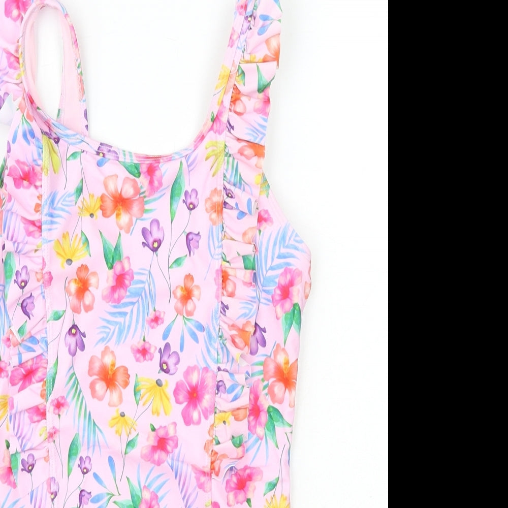 Preworn Girls Pink Floral Polyamide Basic T-Shirt Size 10-11 Years Round Neck Pullover - Swimming Costume