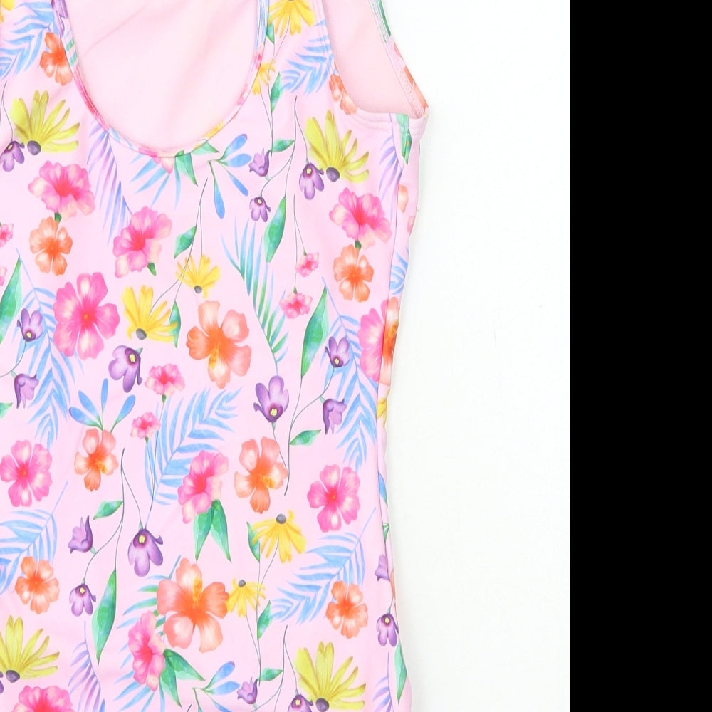 Preworn Girls Pink Floral Polyamide Basic T-Shirt Size 10-11 Years Round Neck Pullover - Swimming Costume