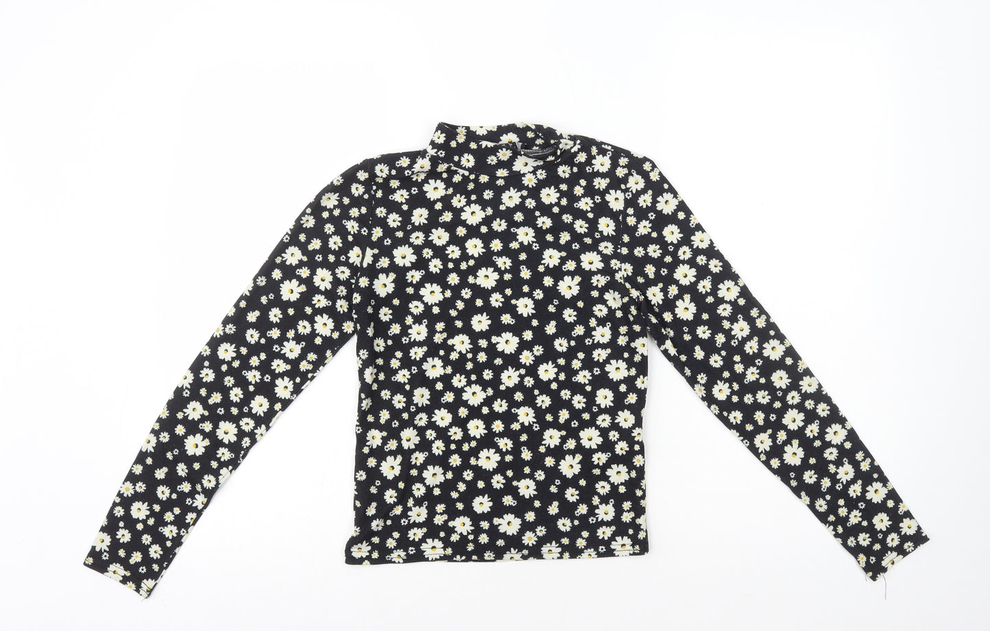 New Look Womens Black Floral Polyester Basic T-Shirt Size 8 Mock Neck