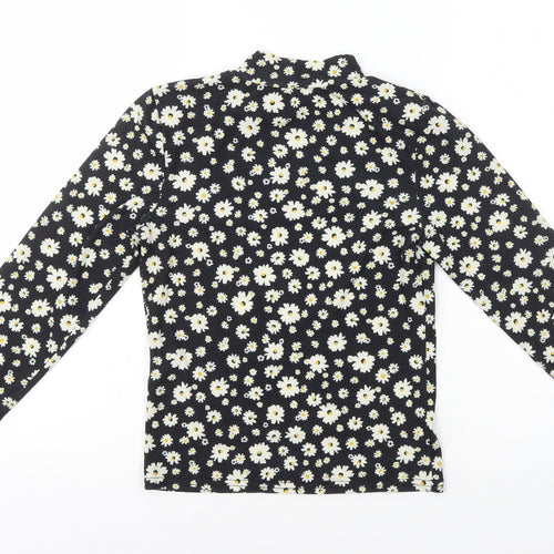 New Look Womens Black Floral Polyester Basic T-Shirt Size 8 Mock Neck