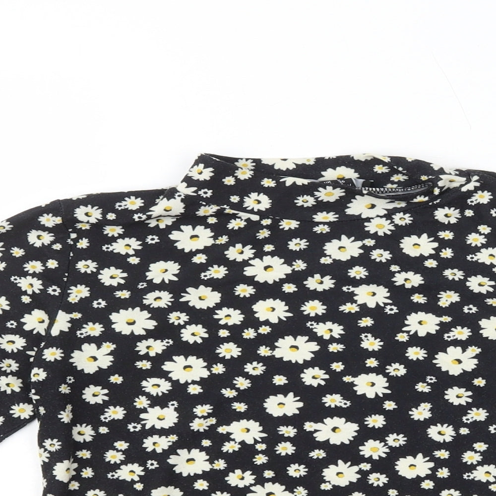 New Look Womens Black Floral Polyester Basic T-Shirt Size 8 Mock Neck