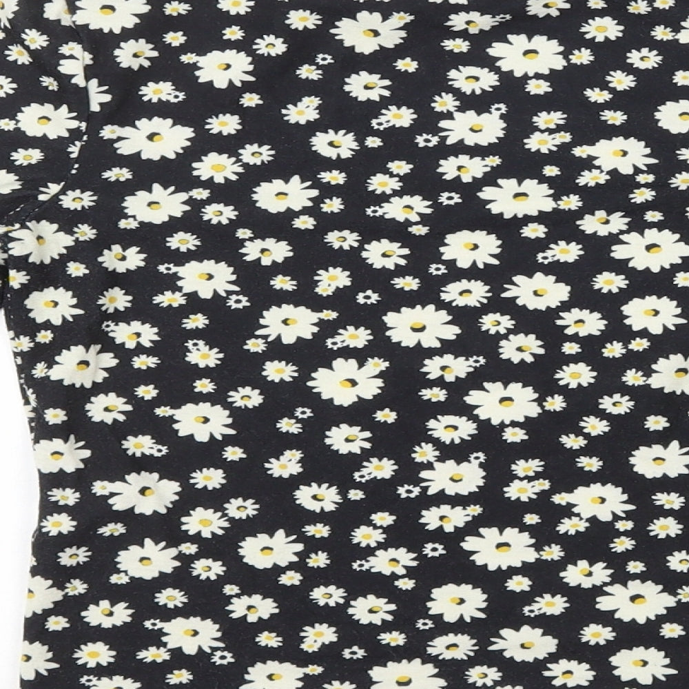 New Look Womens Black Floral Polyester Basic T-Shirt Size 8 Mock Neck