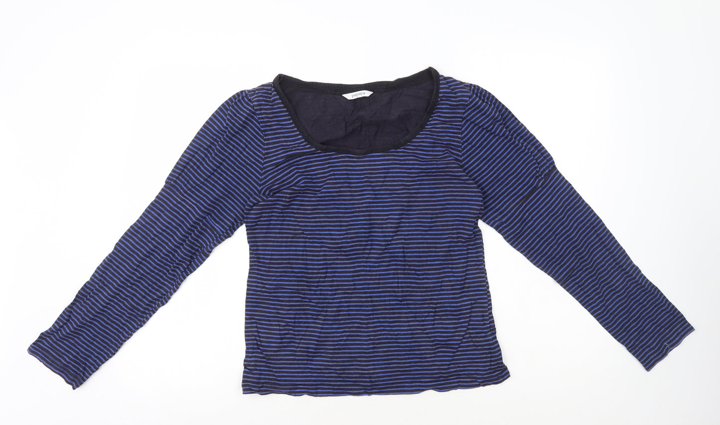 Papaya Womens Blue Striped 100% Cotton Basic T-Shirt Size 14 Scoop Neck