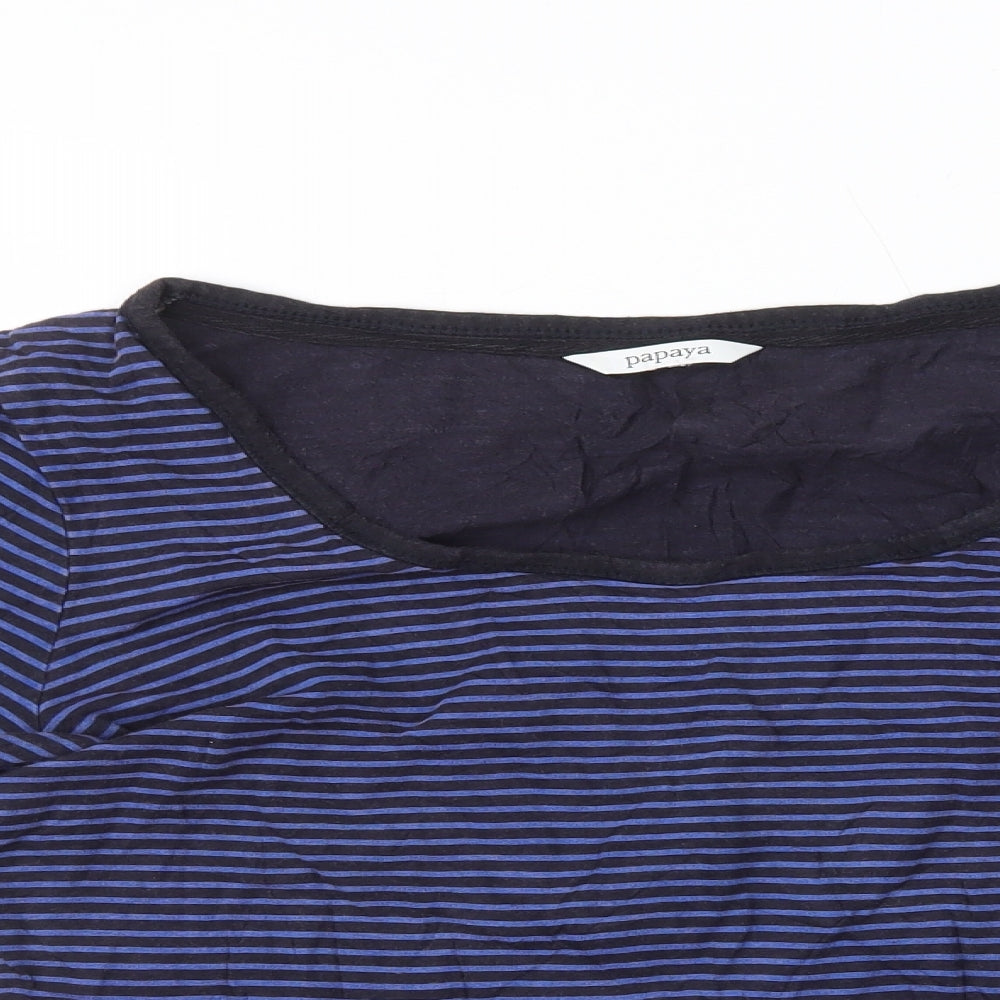 Papaya Womens Blue Striped 100% Cotton Basic T-Shirt Size 14 Scoop Neck