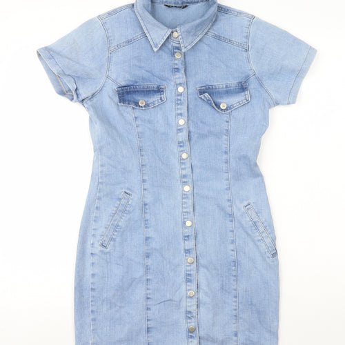 Select Womens Blue Cotton Shirt Dress Size 10 Collared Snap