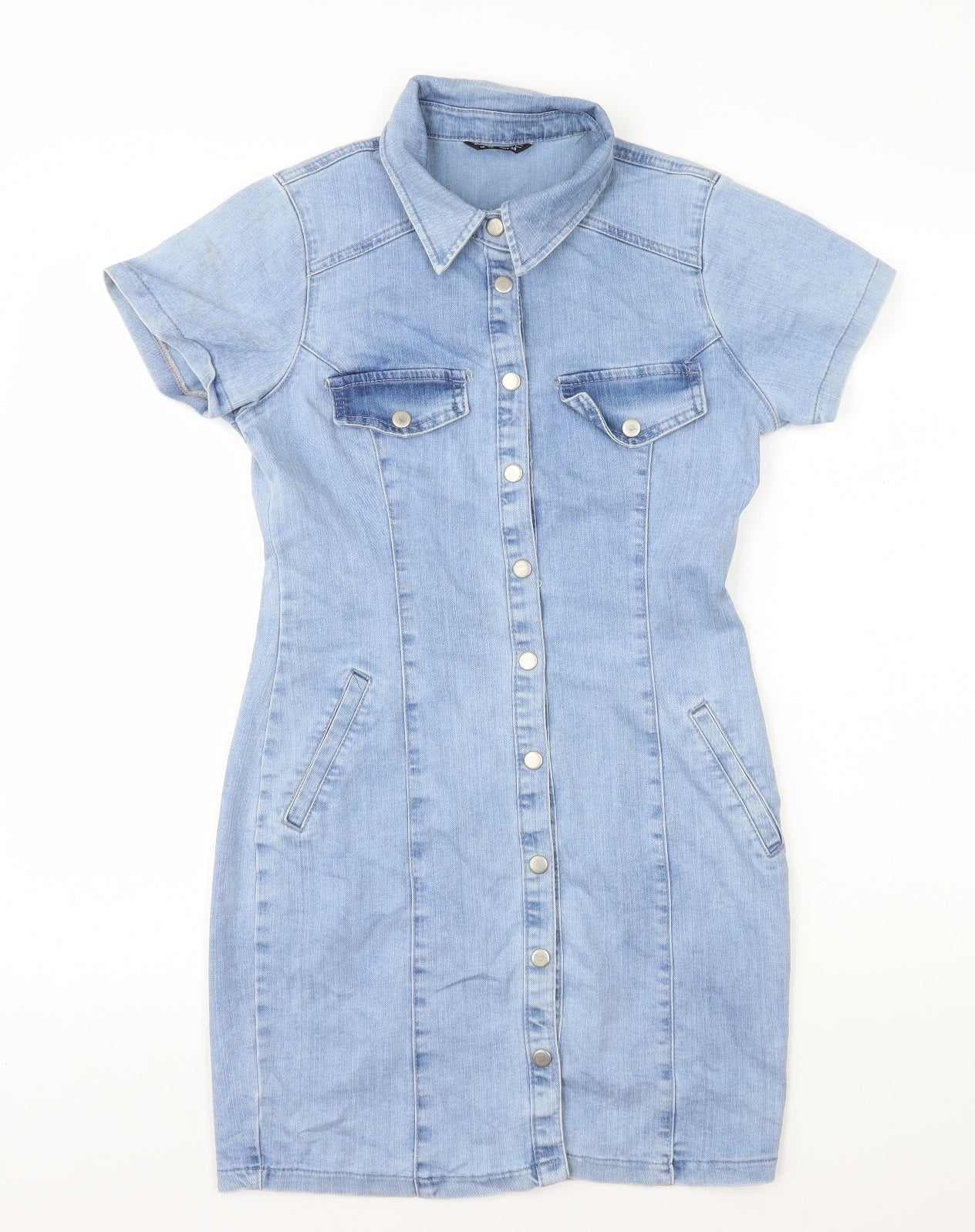 Select Womens Blue Cotton Shirt Dress Size 10 Collared Snap
