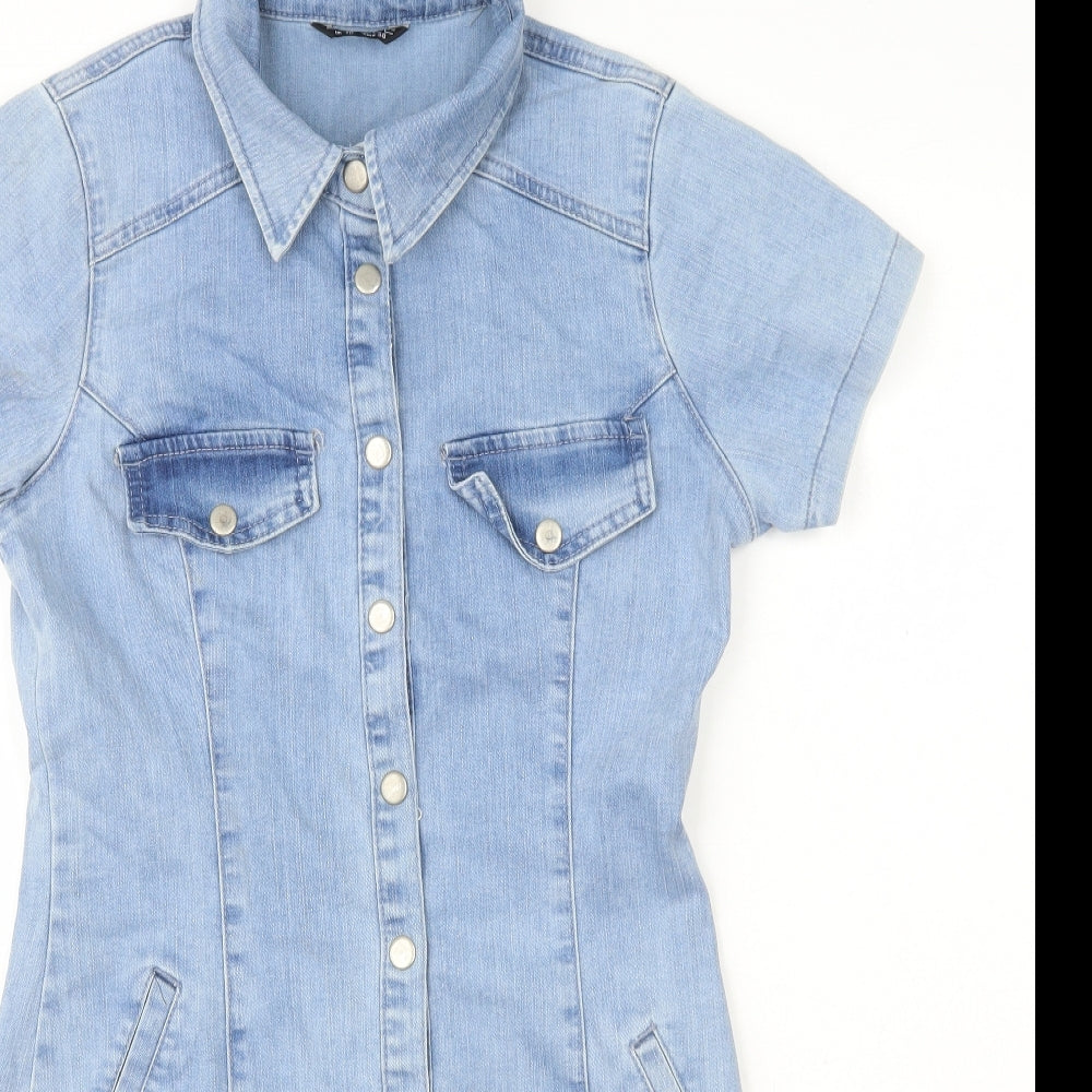 Select Womens Blue Cotton Shirt Dress Size 10 Collared Snap