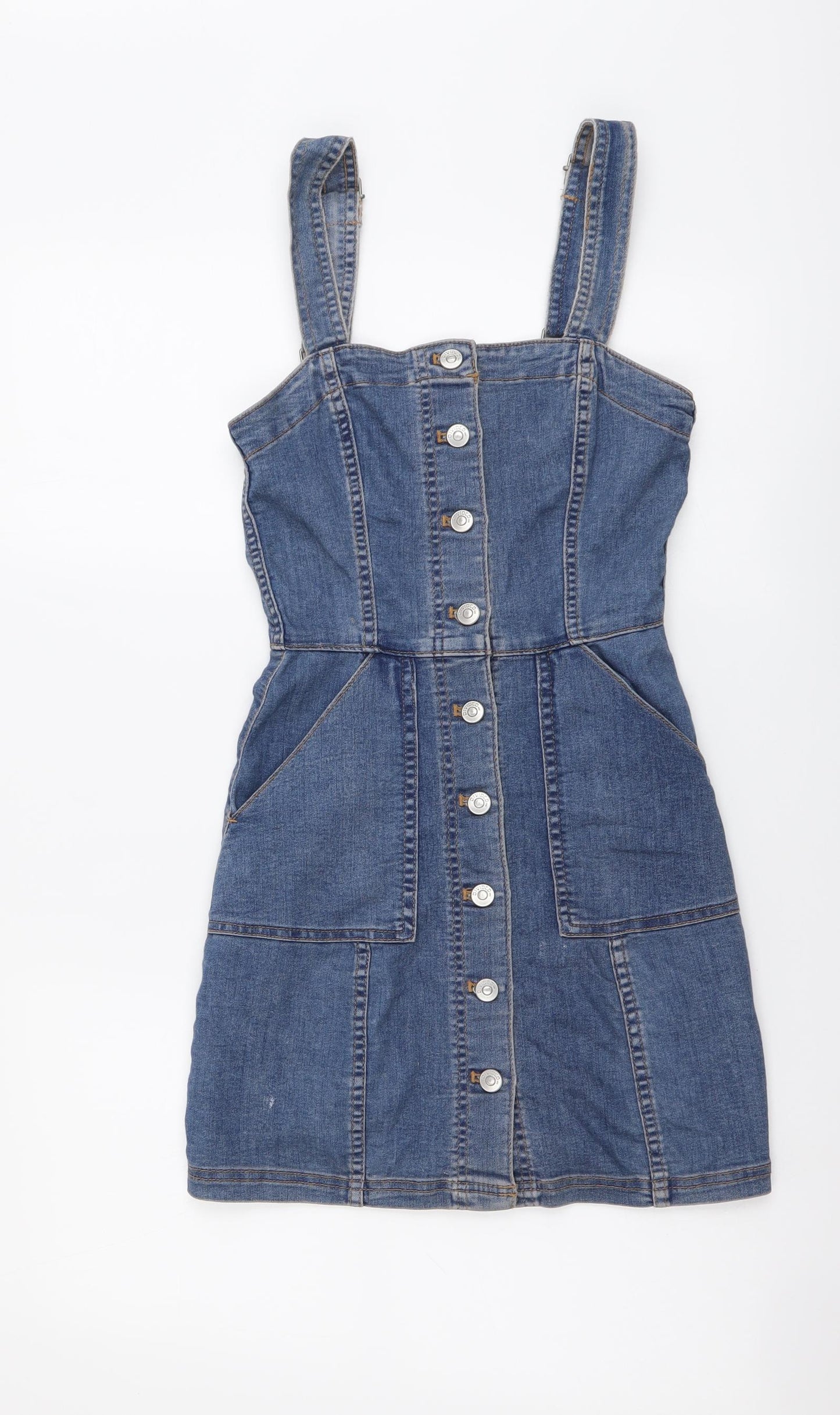 H&M Womens Blue Cotton Pinafore/Dungaree Dress Size 2XS Square Neck Button