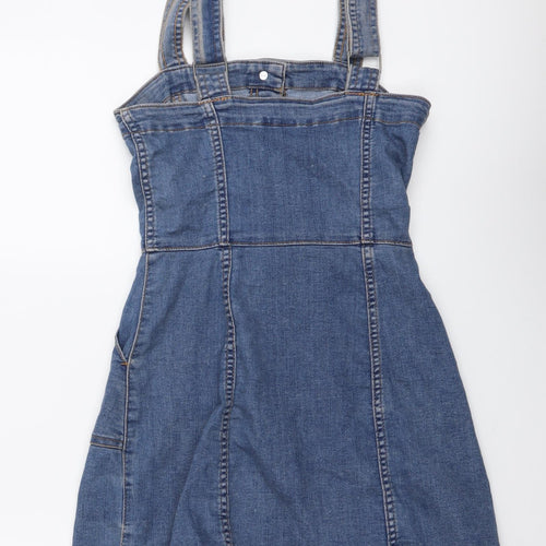 H&M Womens Blue Cotton Pinafore/Dungaree Dress Size 2XS Square Neck Button