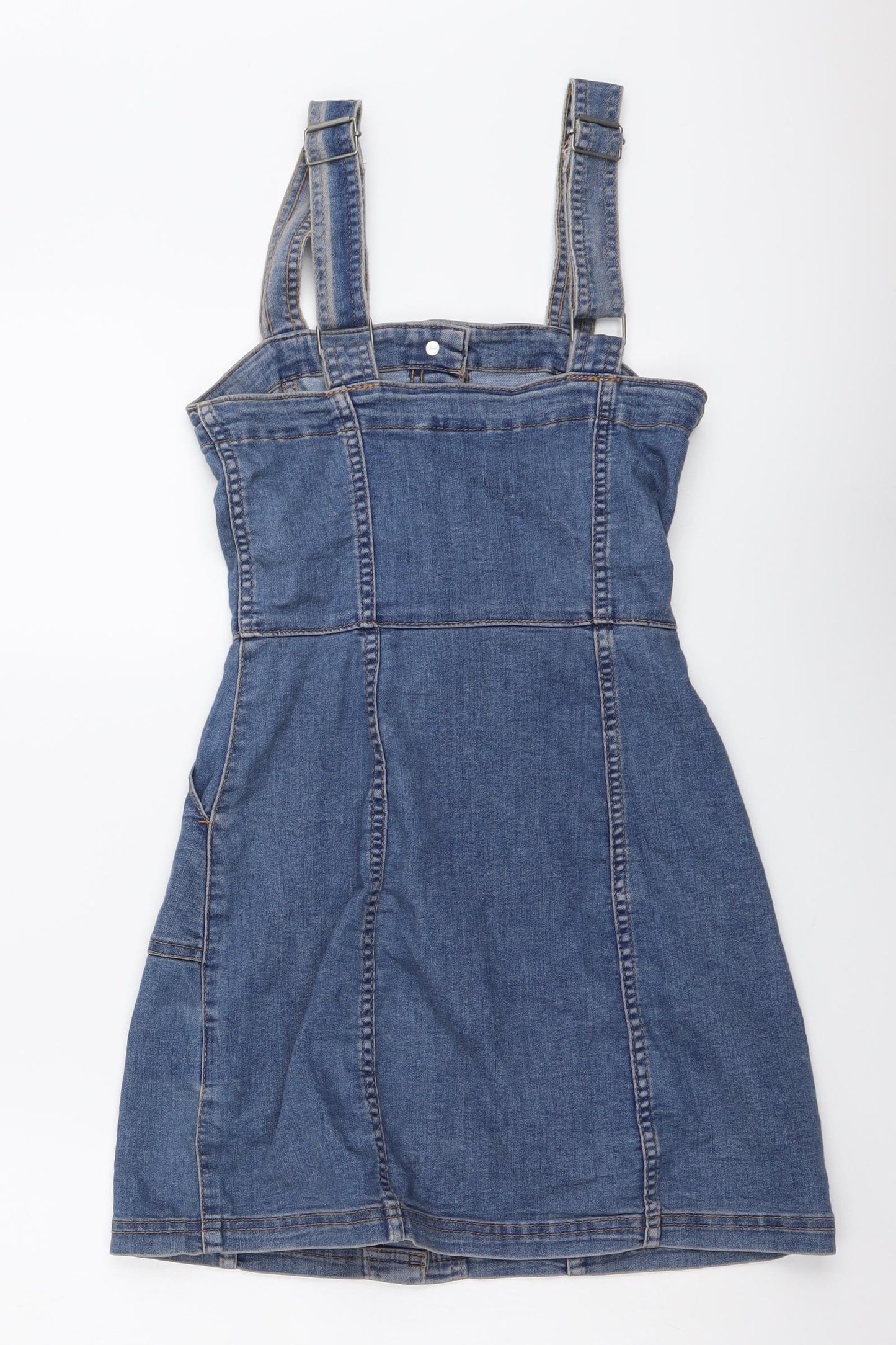 H&M Womens Blue Cotton Pinafore/Dungaree Dress Size 2XS Square Neck Button