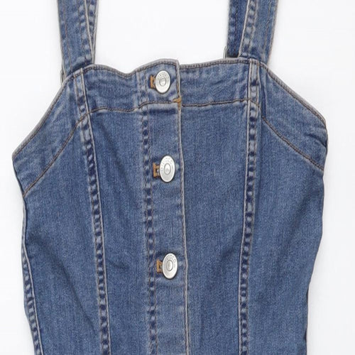 H&M Womens Blue Cotton Pinafore/Dungaree Dress Size 2XS Square Neck Button