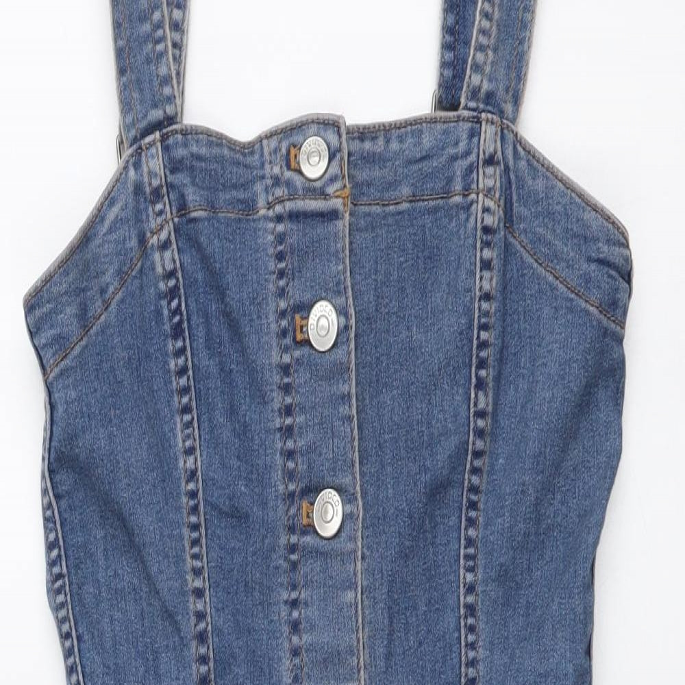 H&M Womens Blue Cotton Pinafore/Dungaree Dress Size 2XS Square Neck Button