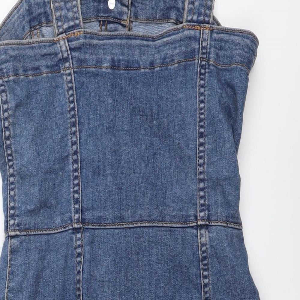 H&M Womens Blue Cotton Pinafore/Dungaree Dress Size 2XS Square Neck Button
