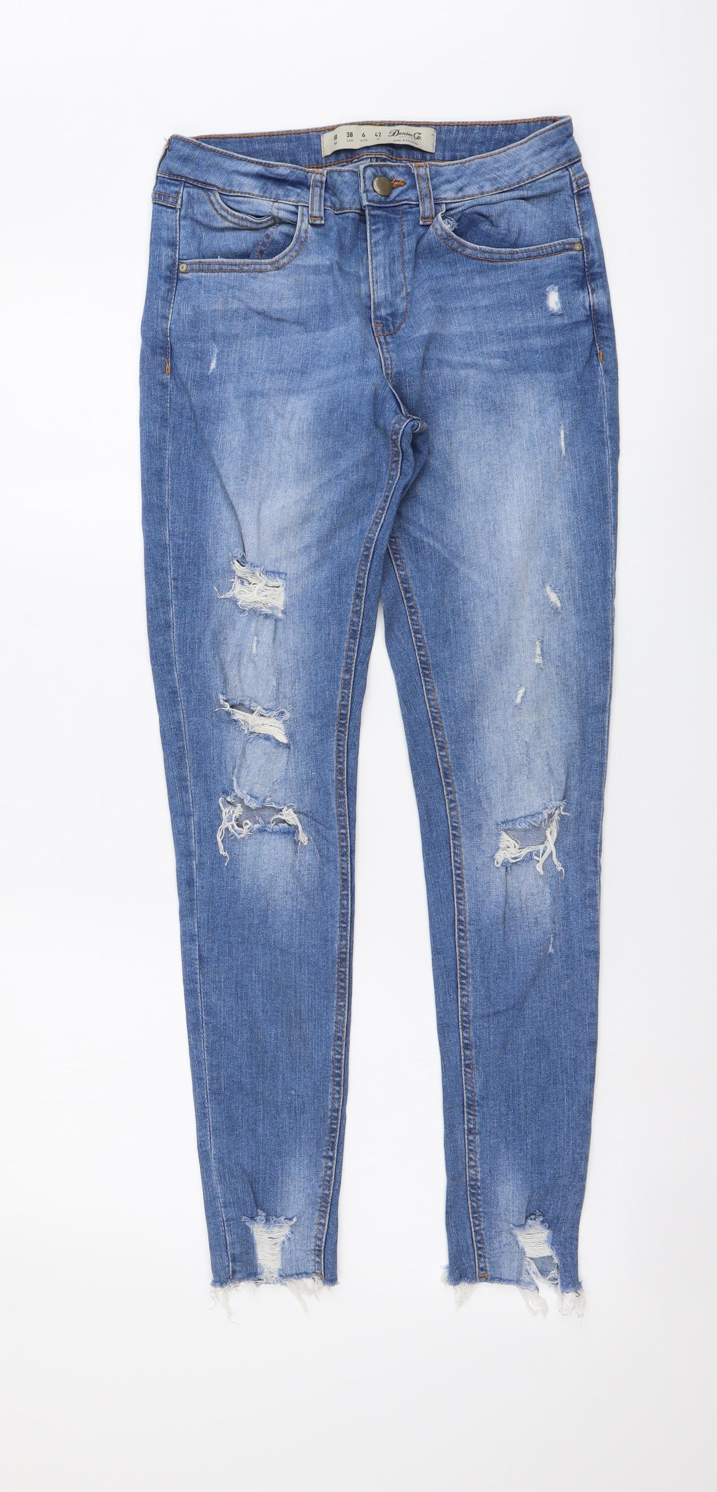 Denim & Co. Womens Blue Cotton Skinny Jeans Size 10 L28 in Regular Button - Distressed Look