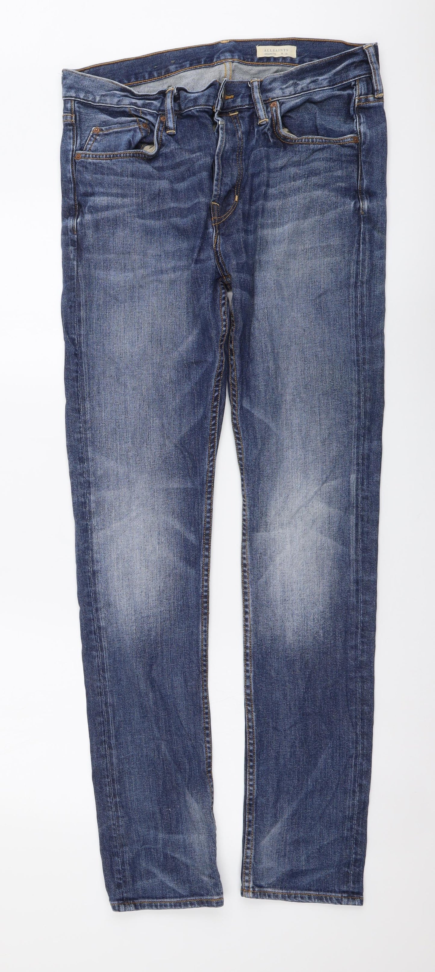AllSaints Mens Blue Cotton Skinny Jeans Size 32 in L32 in Regular Button