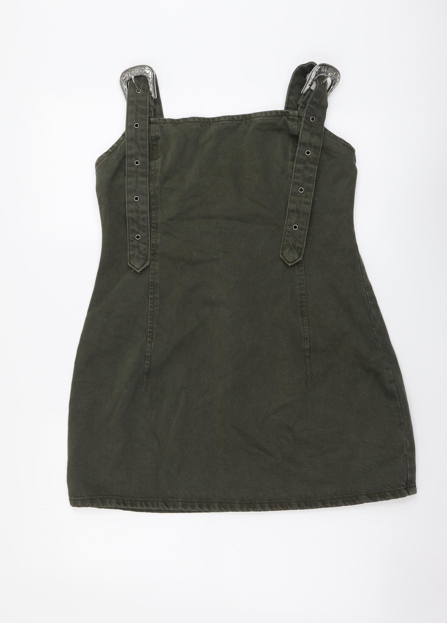 Zara Womens Green Cotton Pinafore/Dungaree Dress Size L Square Neck Pullover