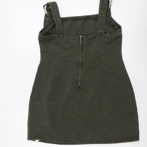 Zara Womens Green Cotton Pinafore/Dungaree Dress Size L Square Neck Pullover