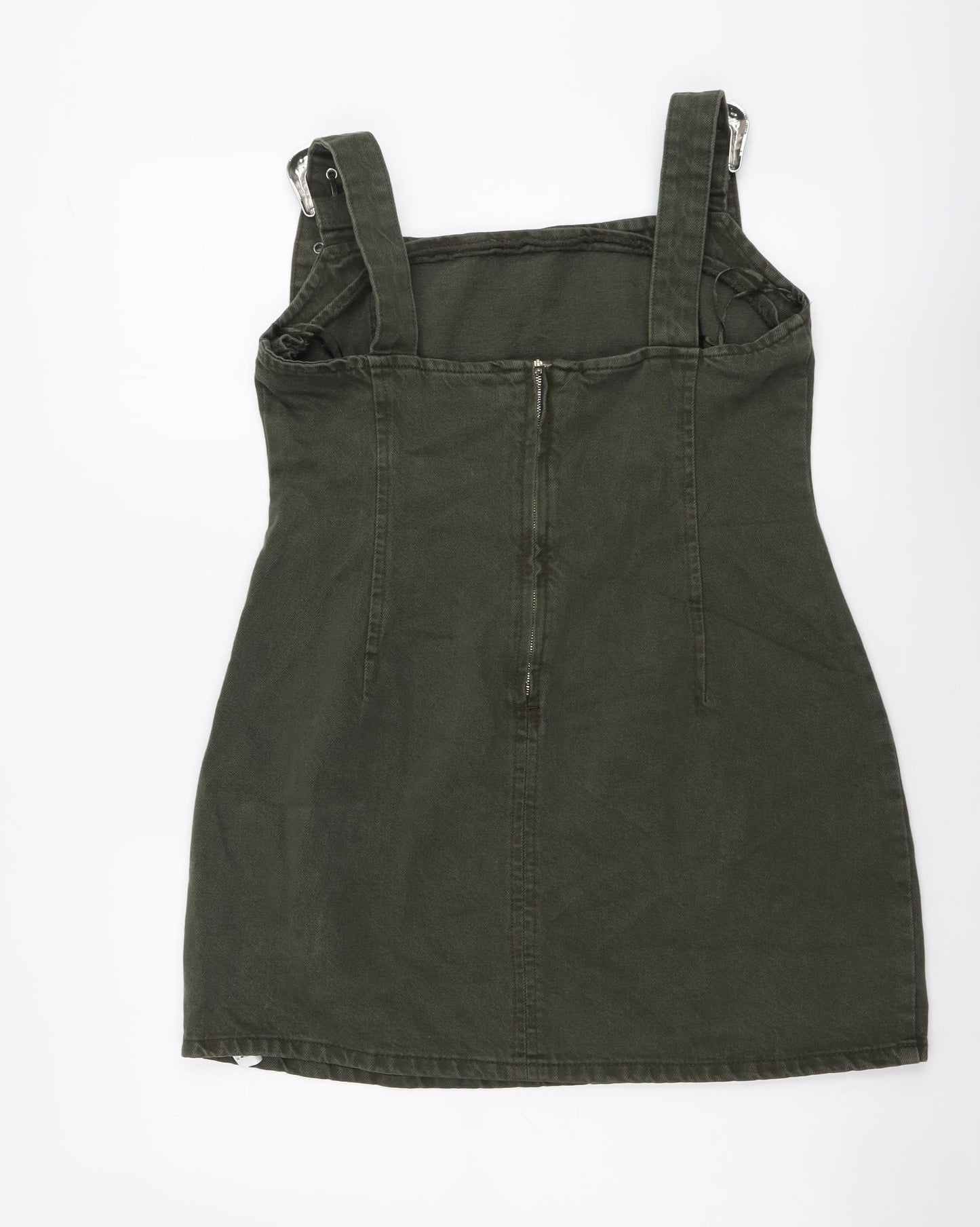 Zara Womens Green Cotton Pinafore/Dungaree Dress Size L Square Neck Pullover