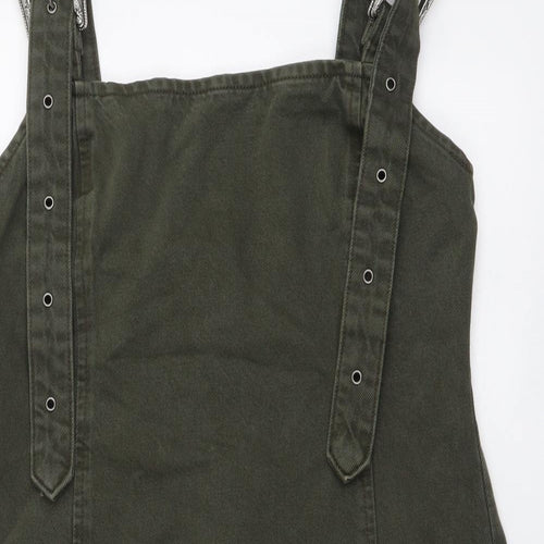 Zara Womens Green Cotton Pinafore/Dungaree Dress Size L Square Neck Pullover