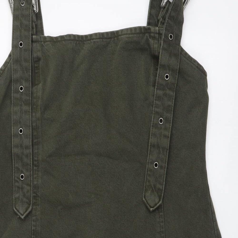 Zara Womens Green Cotton Pinafore/Dungaree Dress Size L Square Neck Pullover