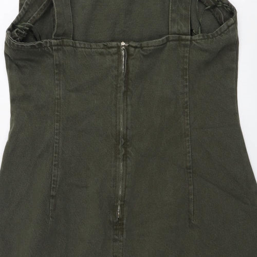 Zara Womens Green Cotton Pinafore/Dungaree Dress Size L Square Neck Pullover