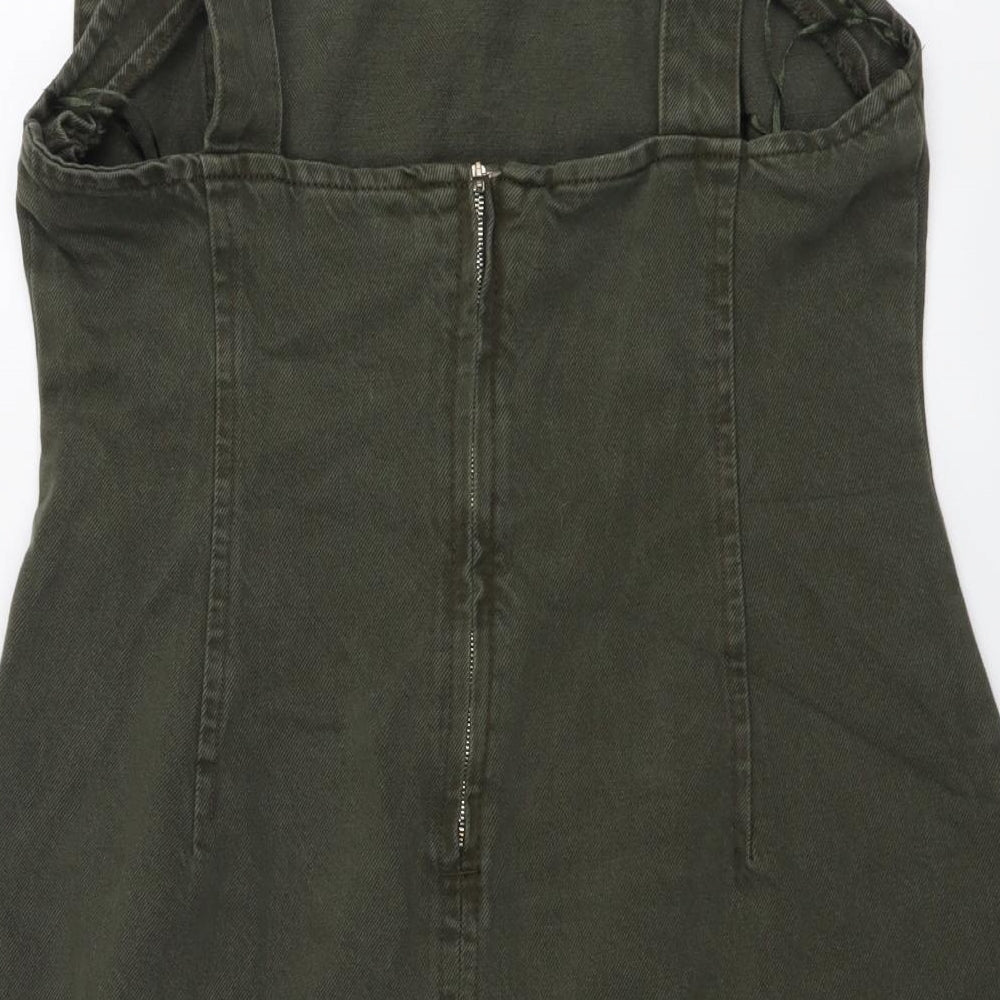 Zara Womens Green Cotton Pinafore/Dungaree Dress Size L Square Neck Pullover