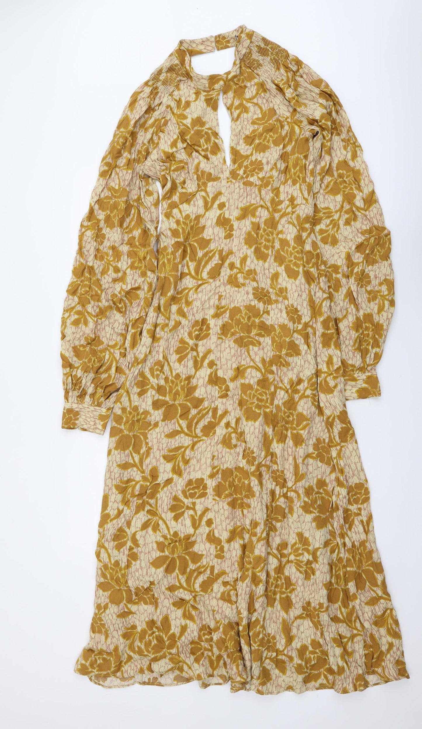 Zara Womens Yellow Floral Viscose Maxi Size S Mock Neck Zip