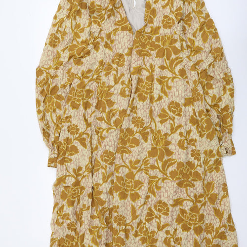 Zara Womens Yellow Floral Viscose Maxi Size S Mock Neck Zip