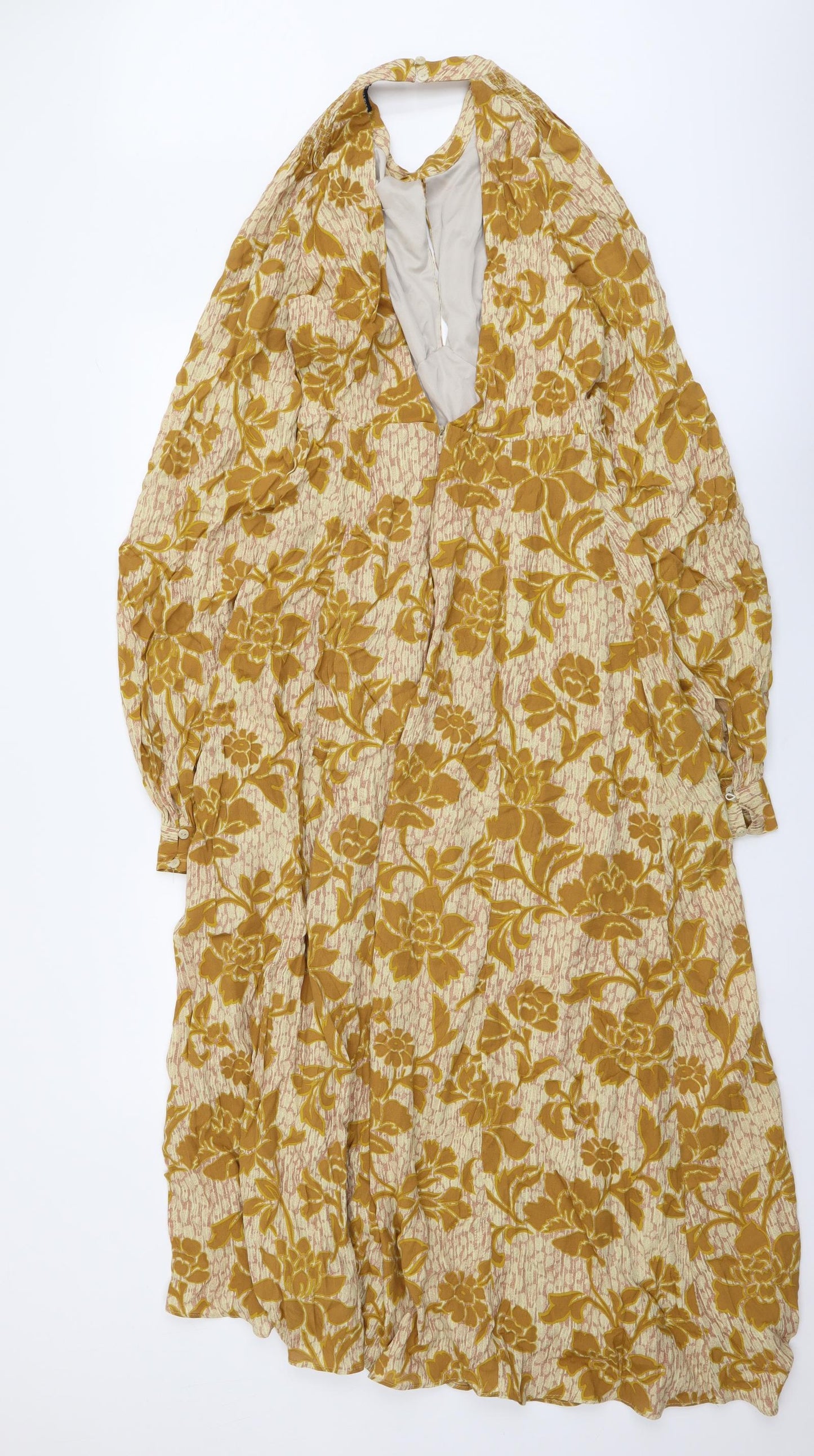 Zara Womens Yellow Floral Viscose Maxi Size S Mock Neck Zip