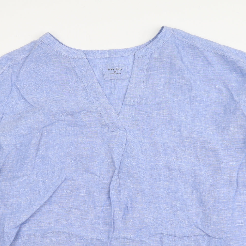 Marks and Spencer Womens Blue Linen Basic Blouse Size 20 V-Neck