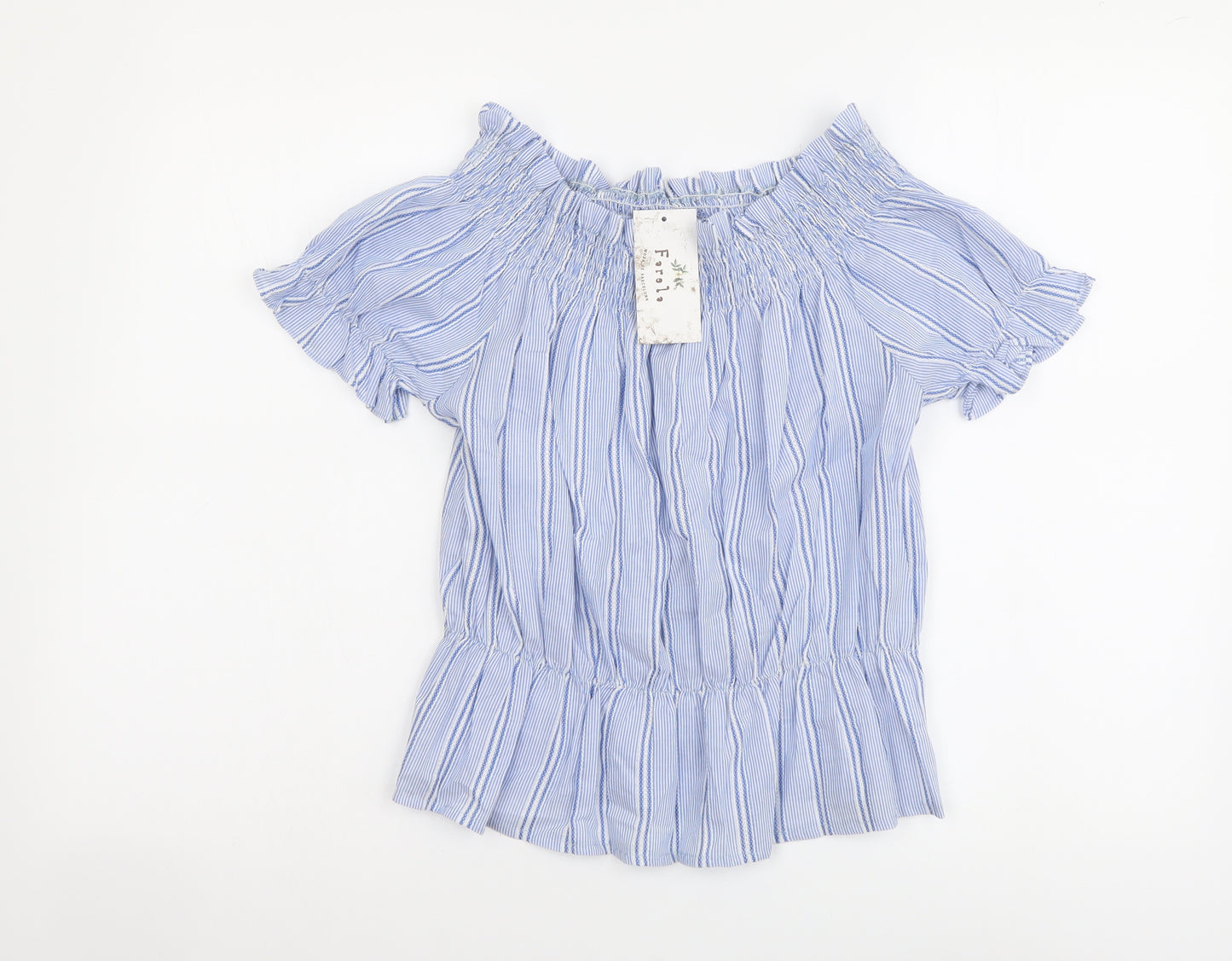 Farolo Womens Blue Striped Cotton Basic Blouse Size L Off the Shoulder
