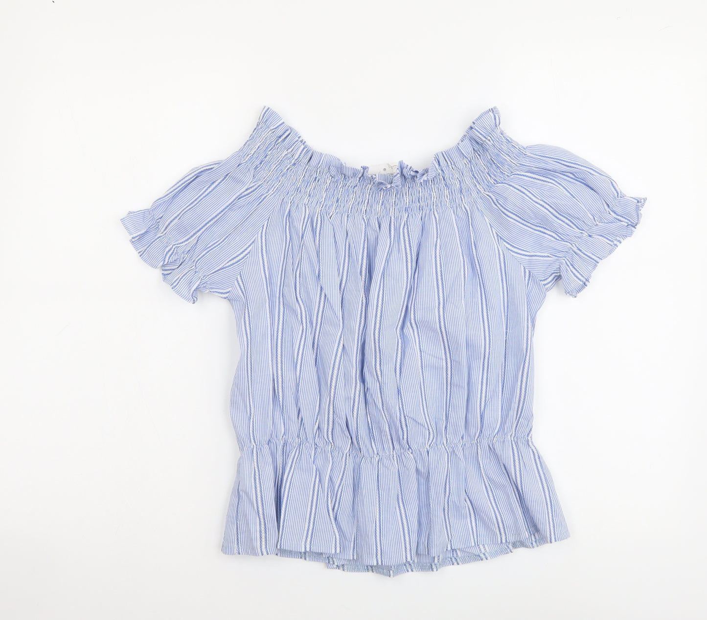Farolo Womens Blue Striped Cotton Basic Blouse Size L Off the Shoulder