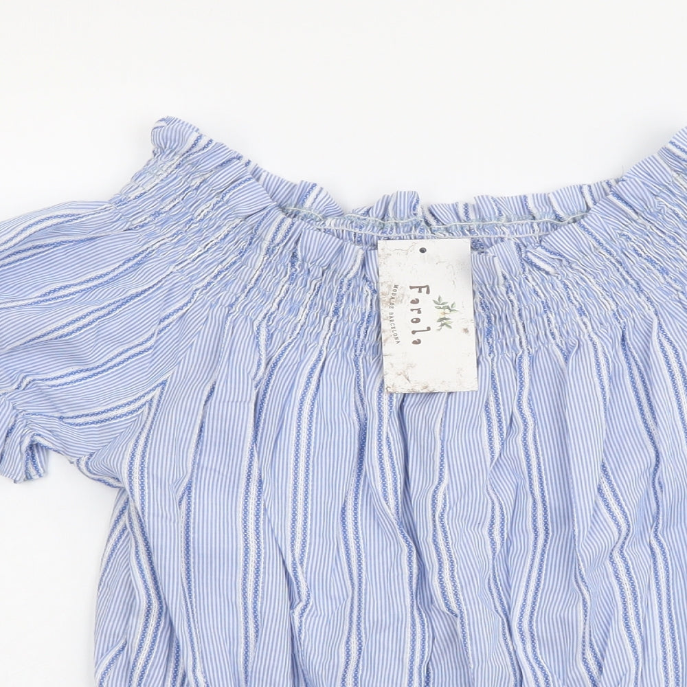 Farolo Womens Blue Striped Cotton Basic Blouse Size L Off the Shoulder