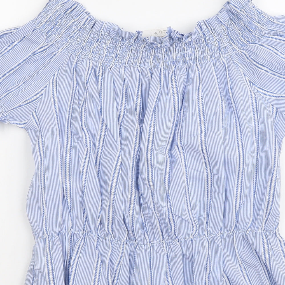 Farolo Womens Blue Striped Cotton Basic Blouse Size L Off the Shoulder