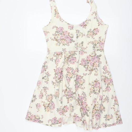 Shana Womens Beige Floral Cotton A-Line Size M Round Neck Pullover