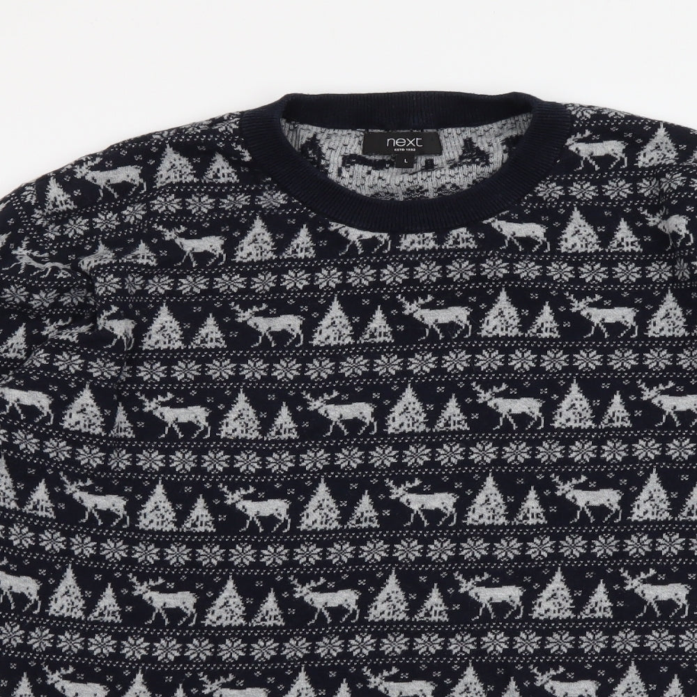 NEXT Mens Blue Round Neck Geometric Acrylic Pullover Jumper Size L - Christmas