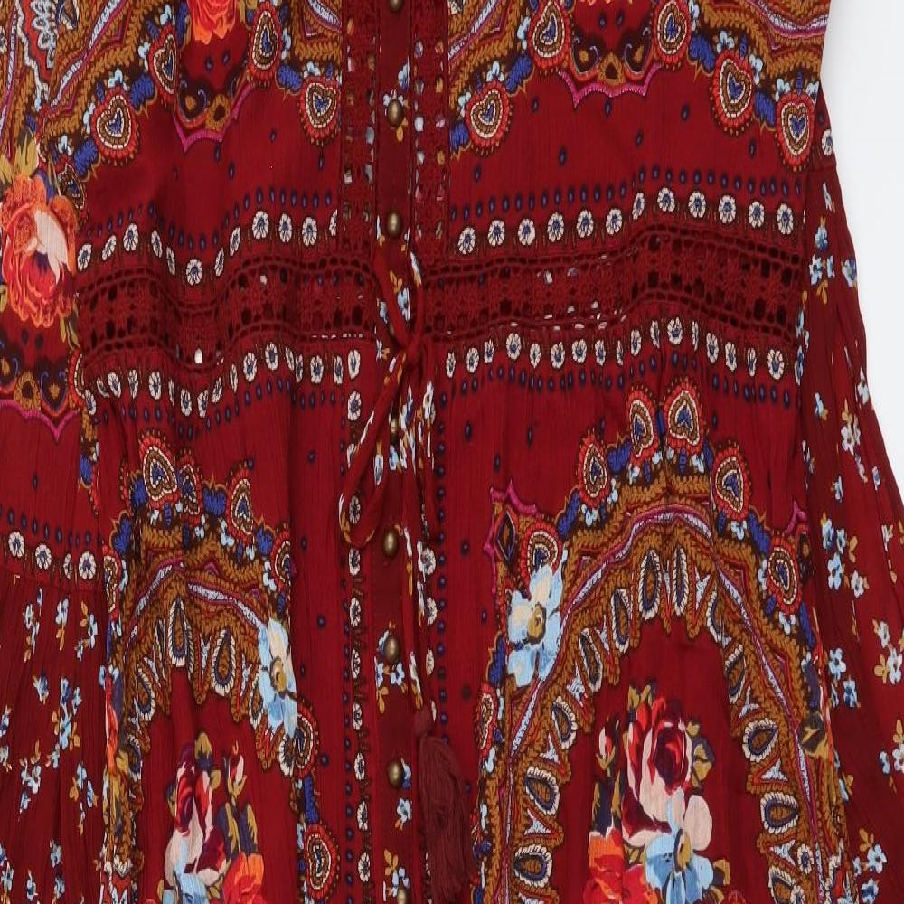 Joe Browns Womens Red Floral Viscose Maxi Size 16 V-Neck Button