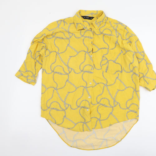 F&F Womens Yellow Geometric Viscose Basic Button-Up Size 6 Collared