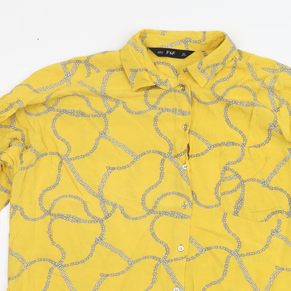 F&F Womens Yellow Geometric Viscose Basic Button-Up Size 6 Collared