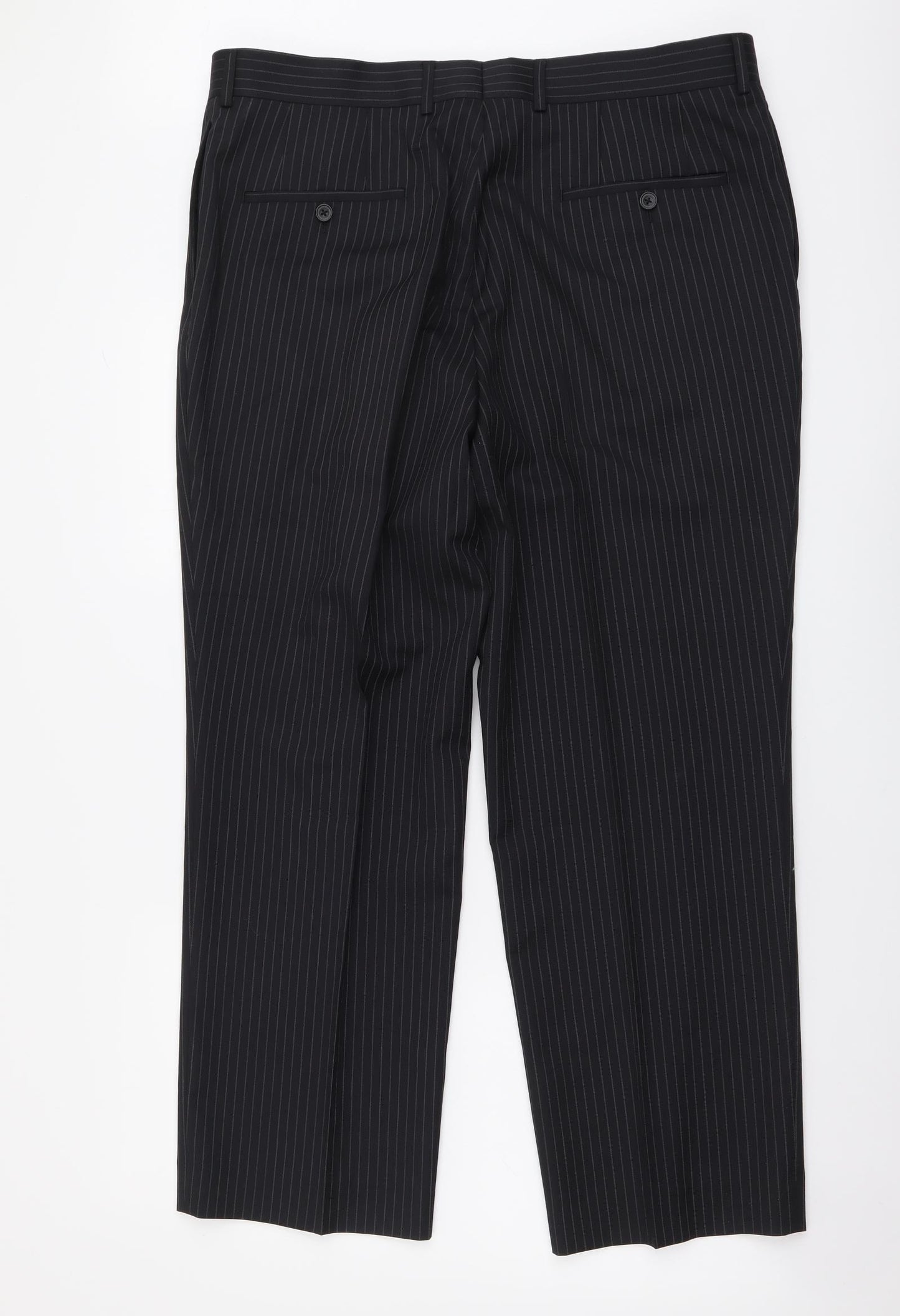 Lee Greenwood Mens Black Striped Wool Trousers Size 38 in L29 in Regular Button