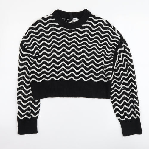 H&M Womens Black Round Neck Striped Acrylic Pullover Jumper Size XS