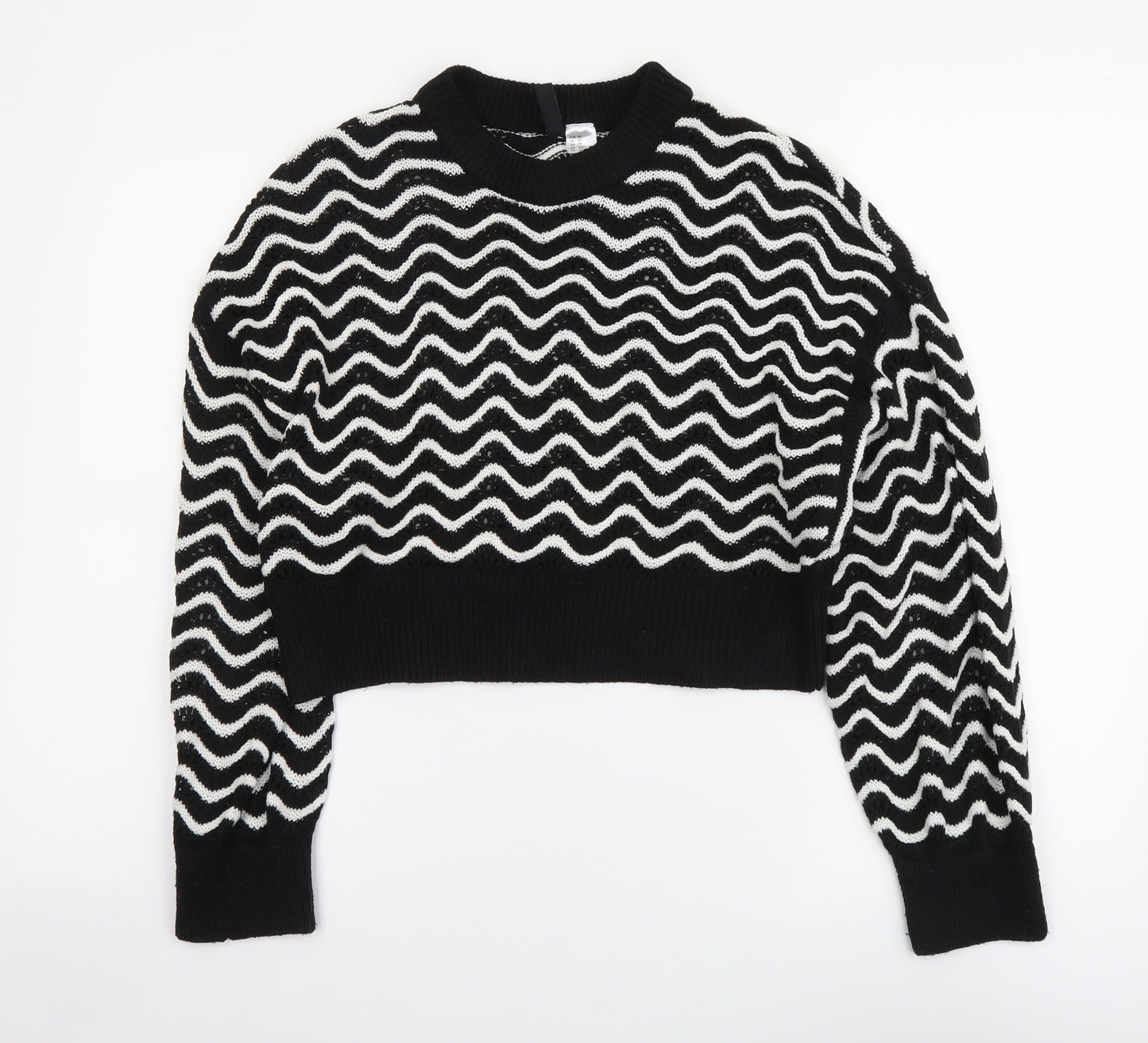 H&M Womens Black Round Neck Striped Acrylic Pullover Jumper Size XS
