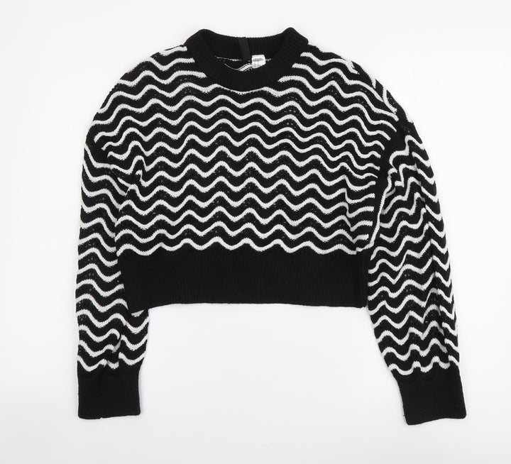 H&M Womens Black Round Neck Striped Acrylic Pullover Jumper Size XS