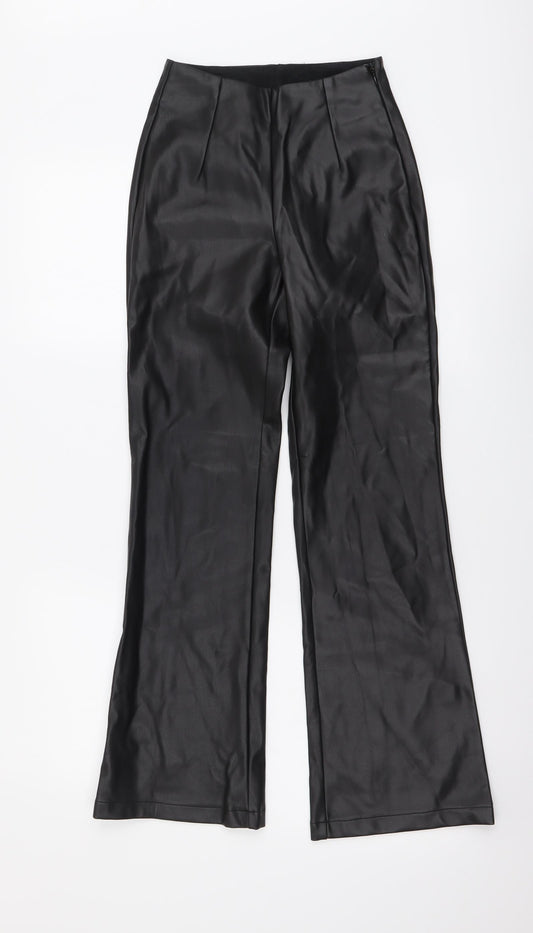 Front view of ASOS women’s black polyurethane trousers, size UK 22, in, 27-inch leg regular zip