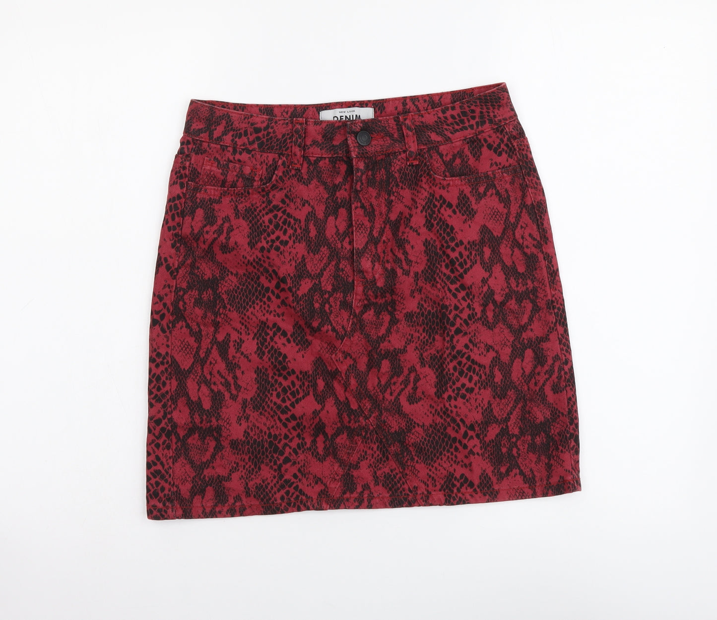 New Look Womens Red Animal Print Cotton Mini Skirt Size 8 Button - Snake Pattern