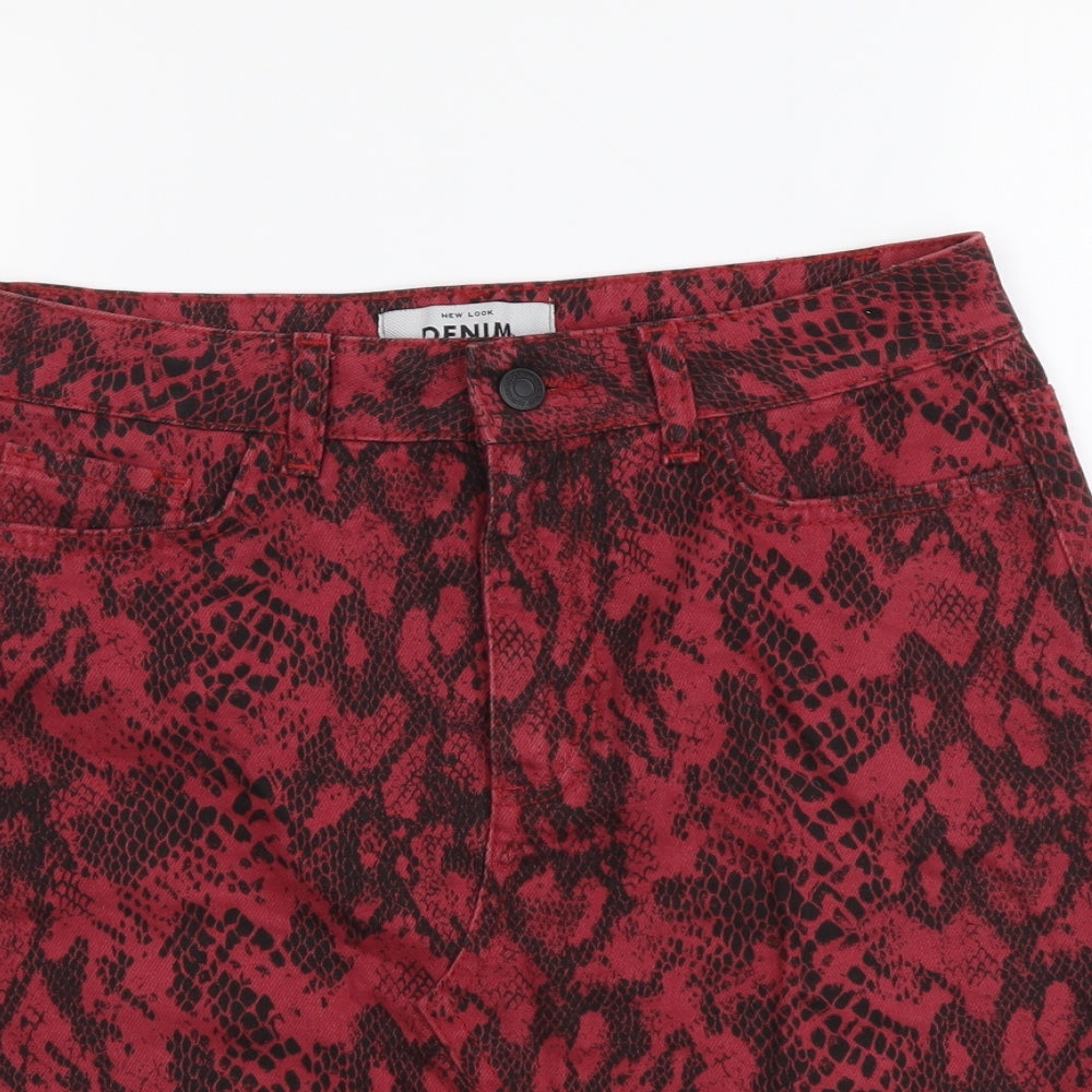 New Look Womens Red Animal Print Cotton Mini Skirt Size 8 Button - Snake Pattern