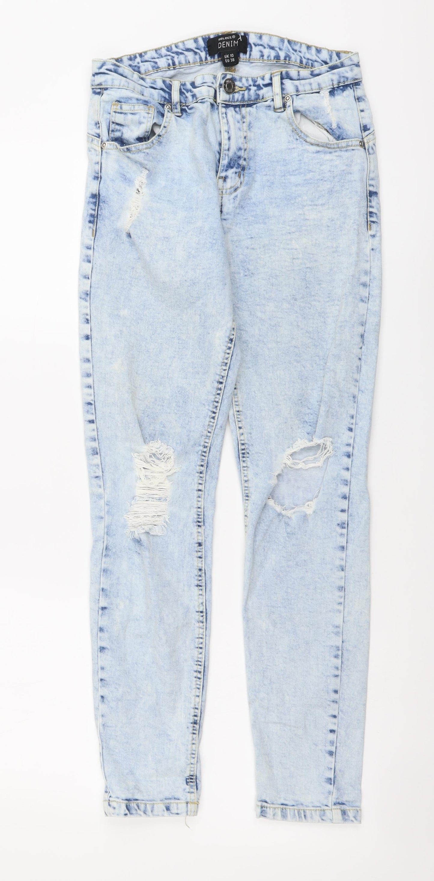 Select Womens Blue Cotton Mom Jeans Size 10 L26 in Regular Button - Distressed Look