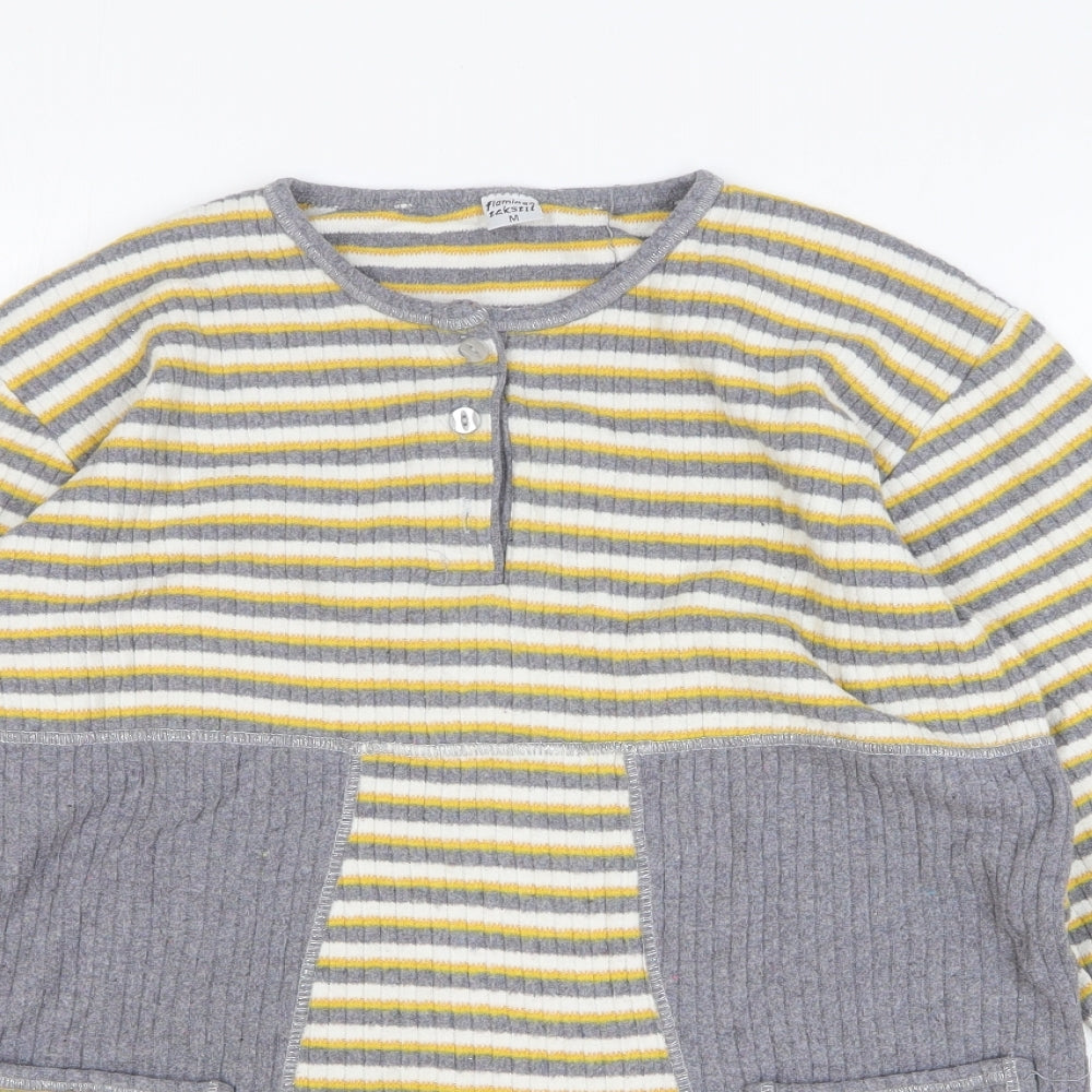 Flamingo Womens Yellow Striped 100% Cotton Basic T-Shirt Size M Round Neck