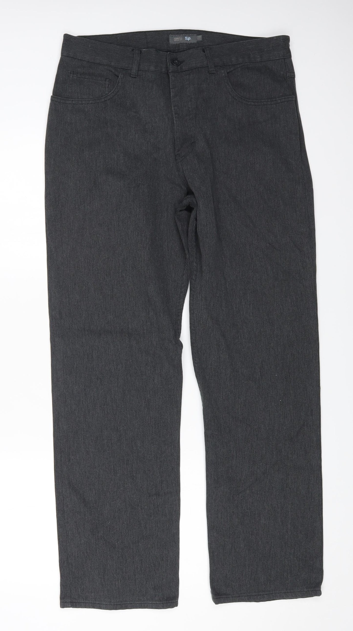 Marks and Spencer Mens Grey Cotton Straight Jeans Size 34 in L31 in Regular Zip